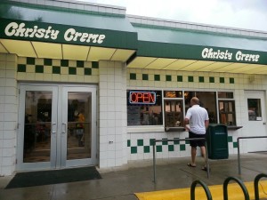 Christie Creme - right before the thunderstorm hit. We sat in the rain anyway to eat our burgers anyway.
