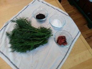 Fresh dill, black peppercorns, dried chilies and Kosher salt for the brine.